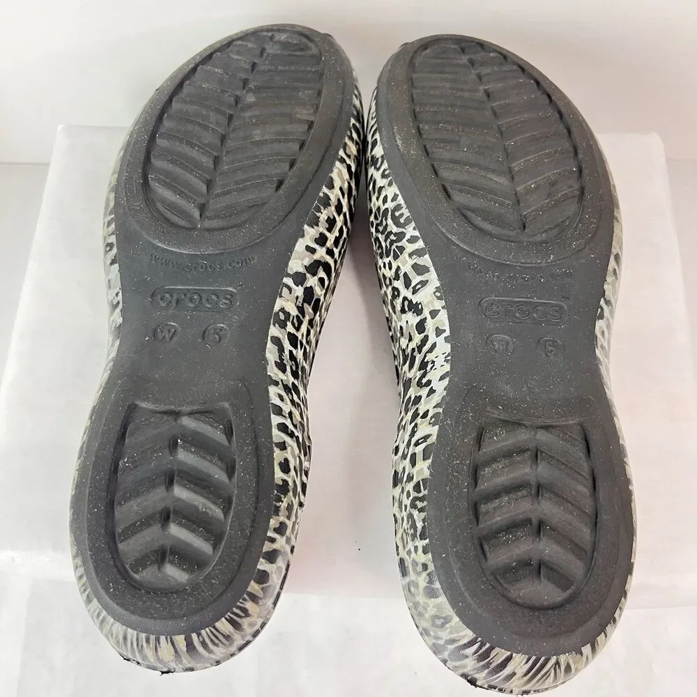Crocs Women Leopard Print Slip On Flats Coastal Grandma Shoes Size W5 Black Gray